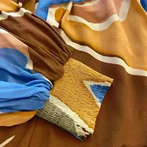 Womens Abstract Peasant Brown Gold Blue Pink Long Sleeve Perch Blouse 2X - Picture 7 of 11